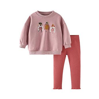 Spring and Autumn Girls Cartoon Pattern Long Sleeves Pullover and Pants Clothing Set