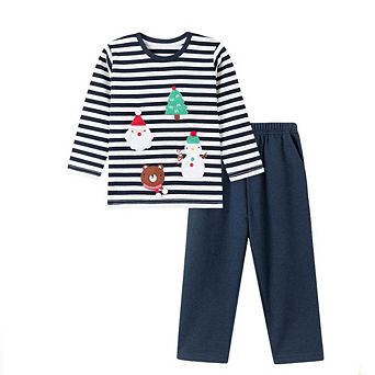 Spring and Autumn Boys Christmas Cartoon Pattern Long Sleeves Striped Clothing Set