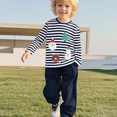 Spring and Autumn Boys Christmas Cartoon Pattern Long Sleeves Striped Clothing Set