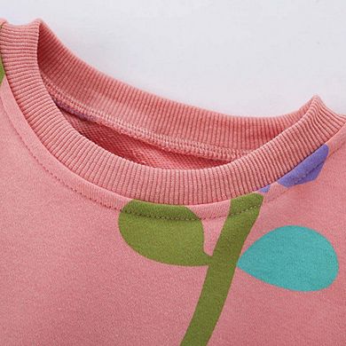 Spring and Autumn Girls Floral Pattern Long Sleeves Pullover and Blue Pants Clothing Set