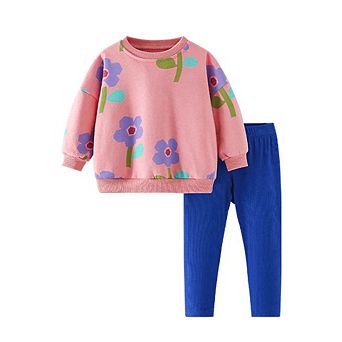 Spring and Autumn Girls Floral Pattern Long Sleeves Pullover and Blue Pants Clothing Set