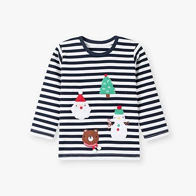 Spring and Autumn Boys Christmas Cartoon Pattern Long Sleeves Striped Clothing Set