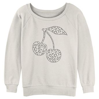 Juniors' Leopard Print Cherries Long Sleeve Slouchy Terry Pullover