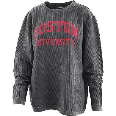Women's Pressbox Black Boston University Comfy Cord Vintage Wash Basic Arch Pullover Sweatshirt
