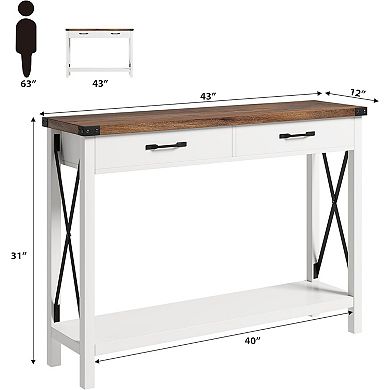 Wooden Farmhouse Console Table with 2 Drawers & Storage for Entryway, Living Room or Hallway