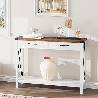Wooden Farmhouse Console Table with 2 Drawers & Storage for Entryway, Living Room or Hallway