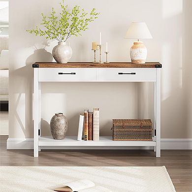 Wooden Farmhouse Console Table with 2 Drawers & Storage for Entryway, Living Room or Hallway