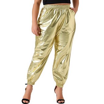 Women's Plus Size Jogger Pant Metallic Shiny High Waist Stretchy Wear Holographic Trousers Sweatpant