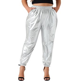 Women's Plus Size Jogger Pant Metallic Shiny High Waist Stretchy Wear Holographic Trousers Sweatpant