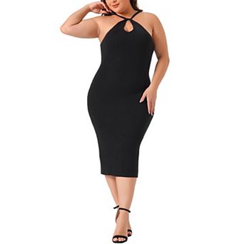 Women's Plus Size Sweater Dress Twist Front Halter Neck Ribbed Sleeveless Bodycon Midi Dresses