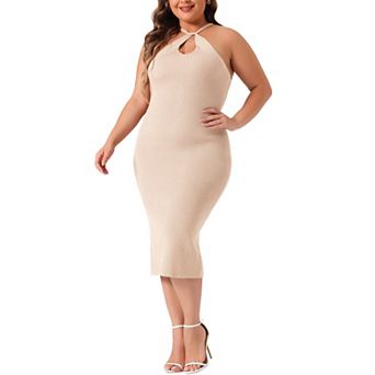 Women's Plus Size Sweater Dress Twist Front Halter Neck Ribbed Sleeveless Bodycon Midi Dresses