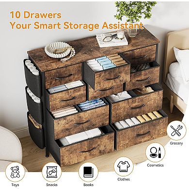 10 Drawer Dresser for Bedroom - Fabric Storage Drawer with Side Pockets and Hooks