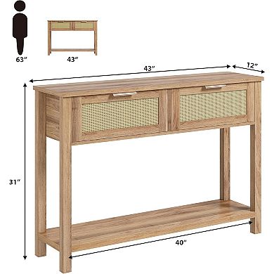 Rattan Entryway Table with 2 Drawers, 2-Tier Boho Sofa Table in Burlywood