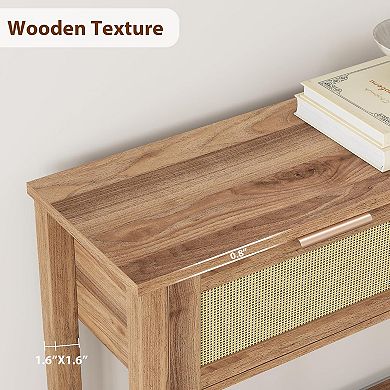 Rattan Entryway Table with 2 Drawers, 2-Tier Boho Sofa Table in Burlywood