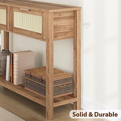 Rattan Entryway Table with 2 Drawers, 2-Tier Boho Sofa Table in Burlywood