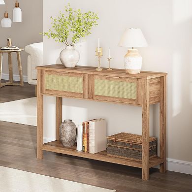 Rattan Entryway Table with 2 Drawers, 2-Tier Boho Sofa Table in Burlywood