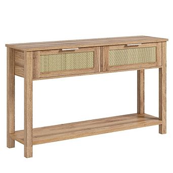 Rattan Entryway Table with 2 Drawers, 2 tier Boho Sofa Table in Burlywood