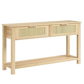 Rattan Entryway Table with 2 Drawers, 2 tier Boho Sofa Table in Burlywood