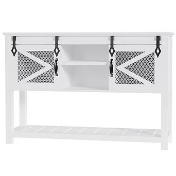 Rustic Farmhouse Entryway Table with Sliding Barn Doors, Storage & Metal Mesh