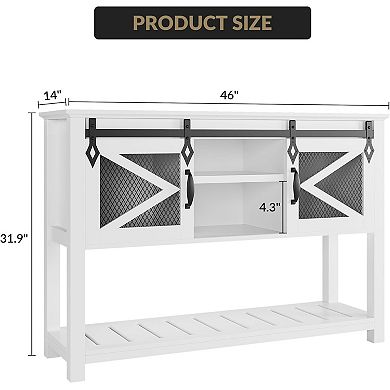 Rustic Farmhouse Entryway Table with Sliding Barn Doors, Storage & Metal Mesh