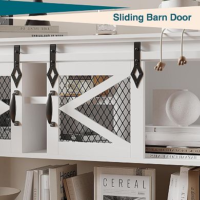 Rustic Farmhouse Entryway Table with Sliding Barn Doors, Storage & Metal Mesh