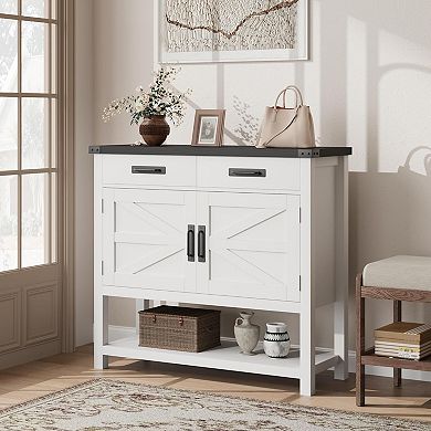 Farmhouse Entryway Table with Doors, Drawers & Shelf for Living Room, Hallway