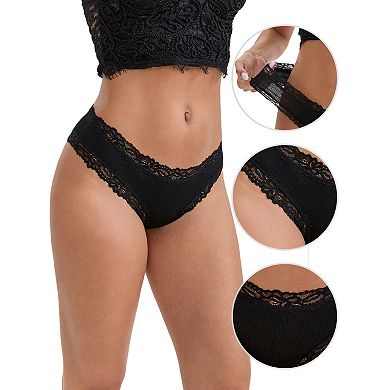 Women's Lace Trim Mid-Waisted Ribbed Briefs Seamless Comfortable Stylish Regular Fit Solid Panties