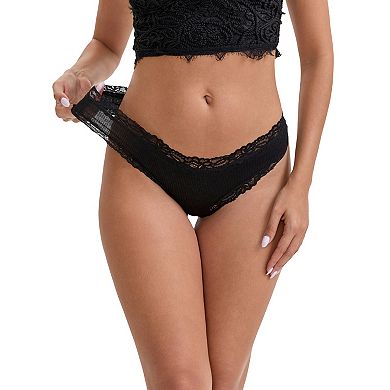 Women's Lace Trim Mid-Waisted Ribbed Briefs Seamless Comfortable Stylish Regular Fit Solid Panties