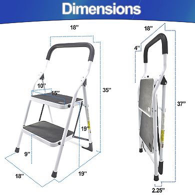 Foldable 2-Step Steel Step Stool Ladder with Non-Slip Platforms, Padded Handlebar 500 LBS