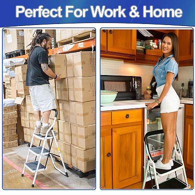Foldable 2-Step Steel Step Stool Ladder with Non-Slip Platforms, Padded Handlebar 500 LBS