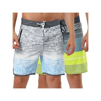 2 Packs Men's Shorts Summer Printed Drawstring Color Block Swim Beach Shorts