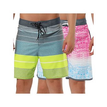 2 Packs Men's Shorts Summer Printed Drawstring Color Block Swim Beach Shorts