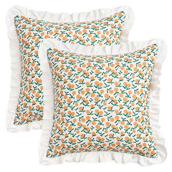 2 pc Leaf Print Pillow Cover Ruffled Trim Bohemian Throw Pillow Cases for Farmhouse 12X20/18X18 Inch