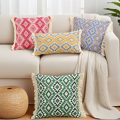 2 Packs Boho Throw Pillow Covers Geometric Pattern Cushion Cases with Fringe Trim 12X20/18X18 Inch