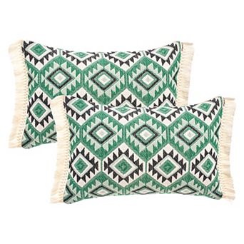 2 Packs Boho Throw Pillow Covers Geometric Pattern Cushion Cases with Fringe Trim 12X20/18X18 Inch