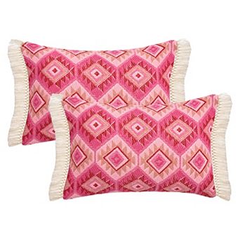 2 Packs Boho Throw Pillow Covers Geometric Pattern Cushion Cases with Fringe Trim 12X20/18X18 Inch