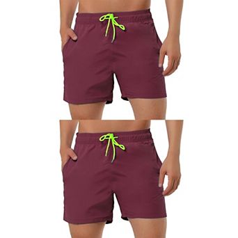 2 Packs Men's Summer Beach Solid Color Mesh Lining Drawstring Waist Swim Shorts