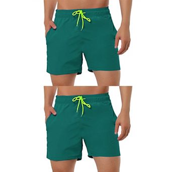 2 Packs Men's Summer Beach Solid Color Mesh Lining Drawstring Waist Swim Shorts