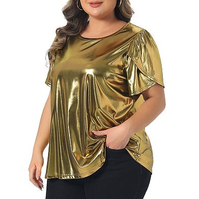 Women's Plus Size Metallic Tops Crew Neck Short Tulip Sleeve Party Blouses Disco Sparkly Tee Tops