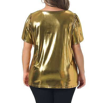 Women's Plus Size Metallic Tops Crew Neck Short Tulip Sleeve Party Blouses Disco Sparkly Tee Tops