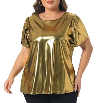 Women's Plus Size Metallic Tops Crew Neck Short Tulip Sleeve Party Blouses Disco Sparkly Tee Tops