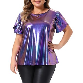 Women's Plus Size Metallic Tops Crew Neck Short Tulip Sleeve Party Blouses Disco Sparkly Tee Tops