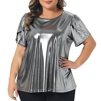Women's Plus Size Metallic Tops Crew Neck Short Tulip Sleeve Party Blouses Disco Sparkly Tee Tops