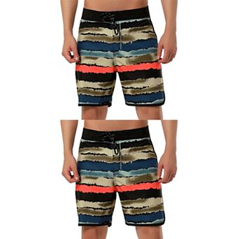 2 Packs Men's Summer Drawstring Waist Contrast Color Printed Swim Shorts