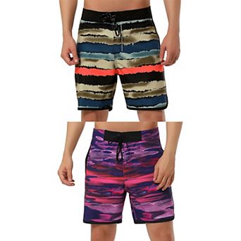 2 Packs Men's Summer Drawstring Waist Contrast Color Printed Swim Shorts