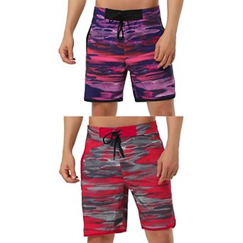 2 Packs Men's Summer Drawstring Waist Contrast Color Printed Swim Shorts