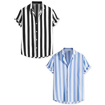 2 Packs Men's Stripe Shirt Short Sleeved Color Block Button Down Beach Shirt