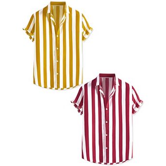 2 Packs Men's Stripe Shirt Short Sleeved Color Block Button Down Beach Shirt