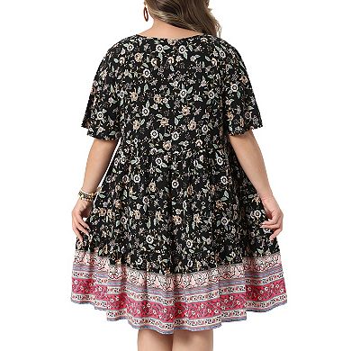 Women's Plus Size Summer Boho Floral Dresses Tie Crew Neck Short Sleeve Midi Sun Dress Beach Flowy