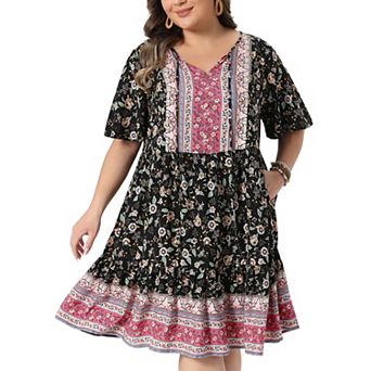 Women's Plus Size Summer Boho Floral Dresses Tie Crew Neck Short Sleeve Midi Sun Dress Beach Flowy
